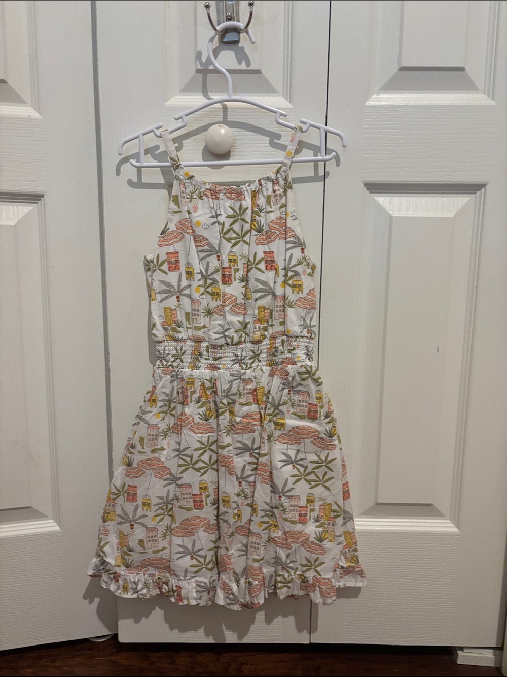 Janie and Jack White Tropical Print Sundress with Coral and Olive Accents